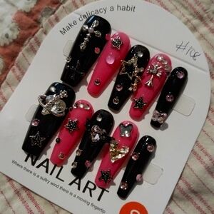 Black and Pink Nail Art Set with Charms. Size S 2.5